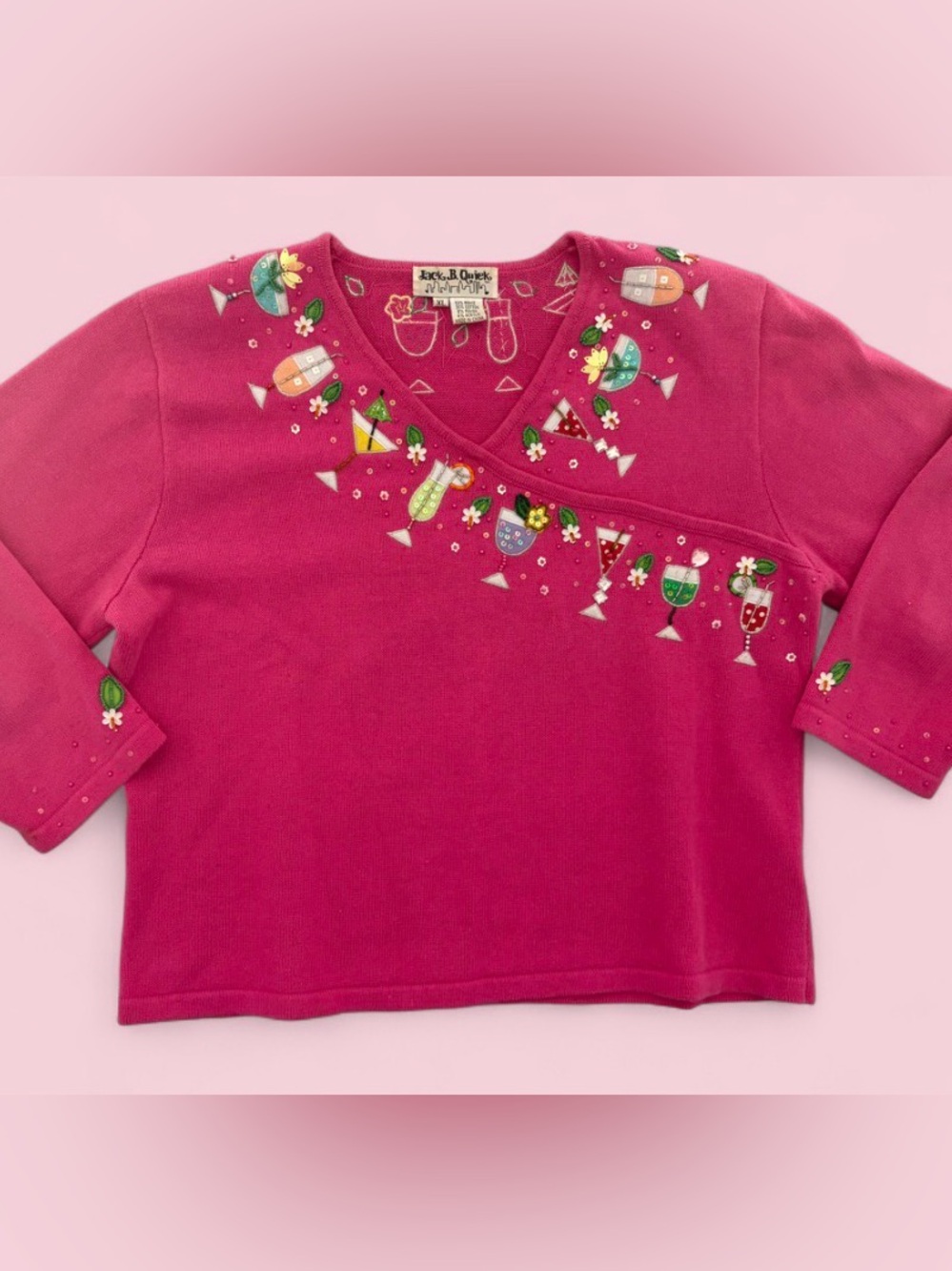 Vintage Jack B Quick Tropical Cocktail Drinks Sweater Women’s XL Pink 90s